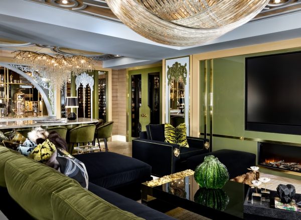 Green Living Room Design Black Velvet Chair Home Bar Lori Morris Interior Design Ontario 600x439 