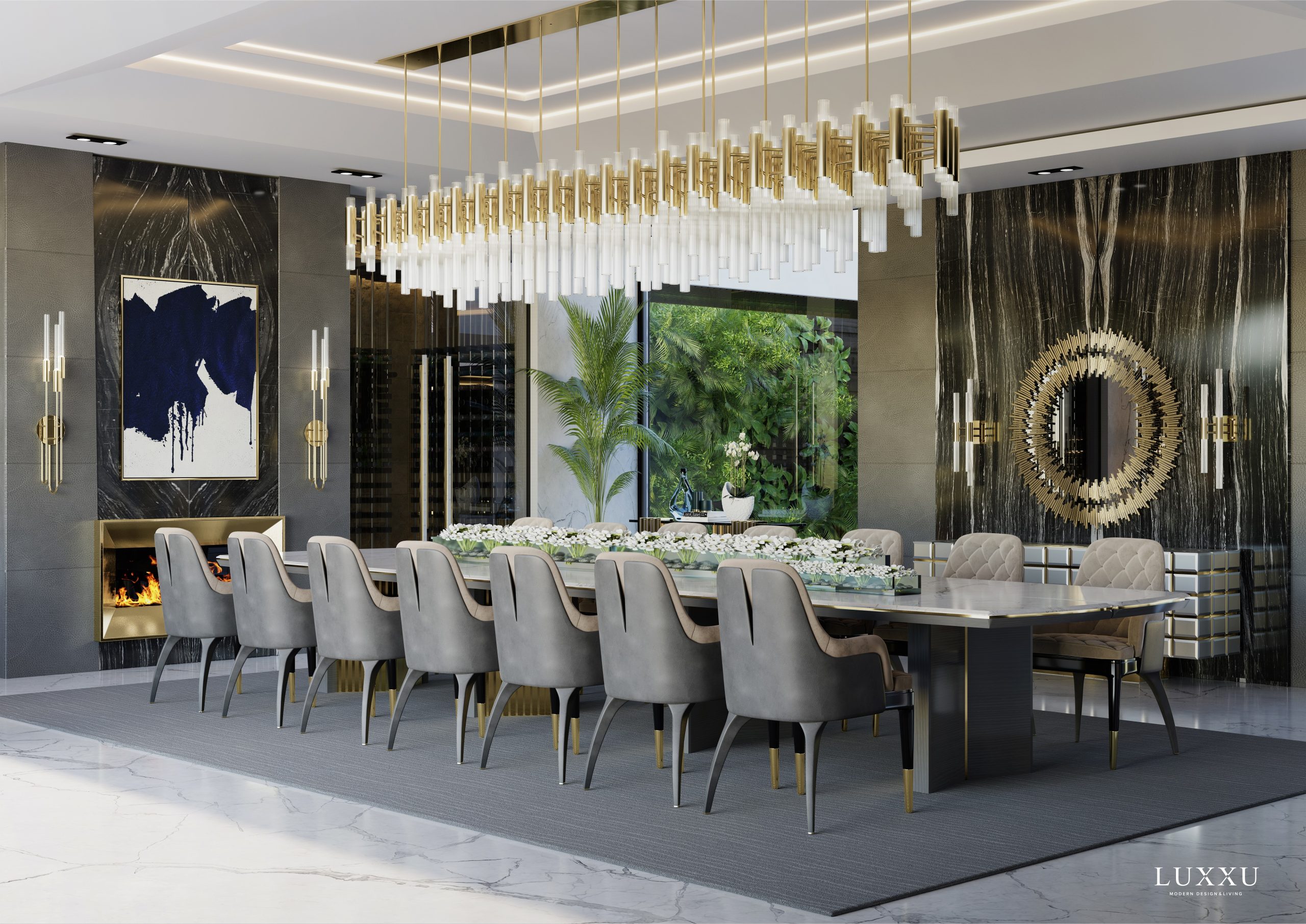 This amazing dining room emphasizes casual elegance and unmistakable refinement. Just observe the Waterfall Rectangular Suspension, everything sparkles under this elegant work of art.