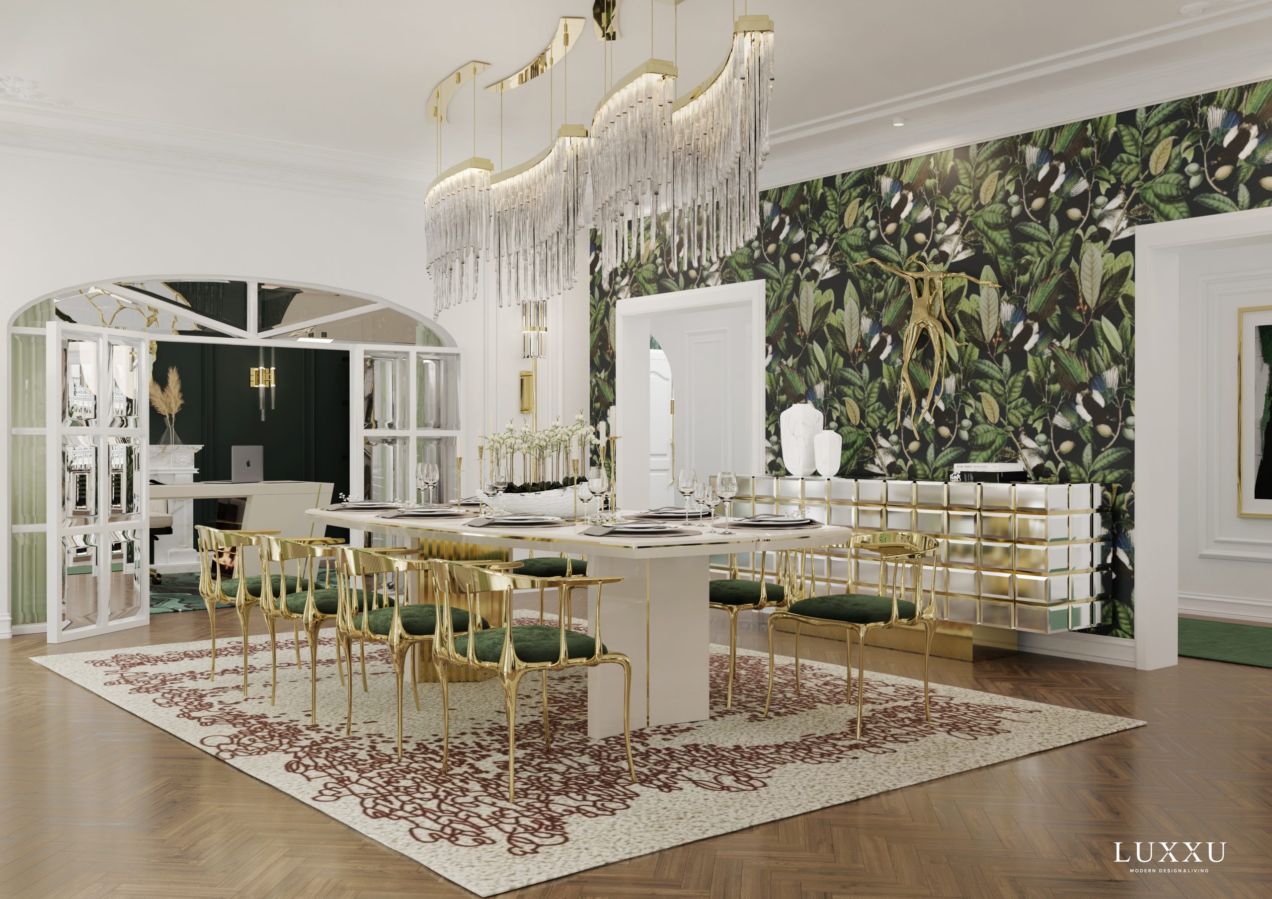 The unique Beyond dining table, as the major element in the space, has a commanding presence, yet the white lacquer allows it to fit in seamlessly with the mood board.