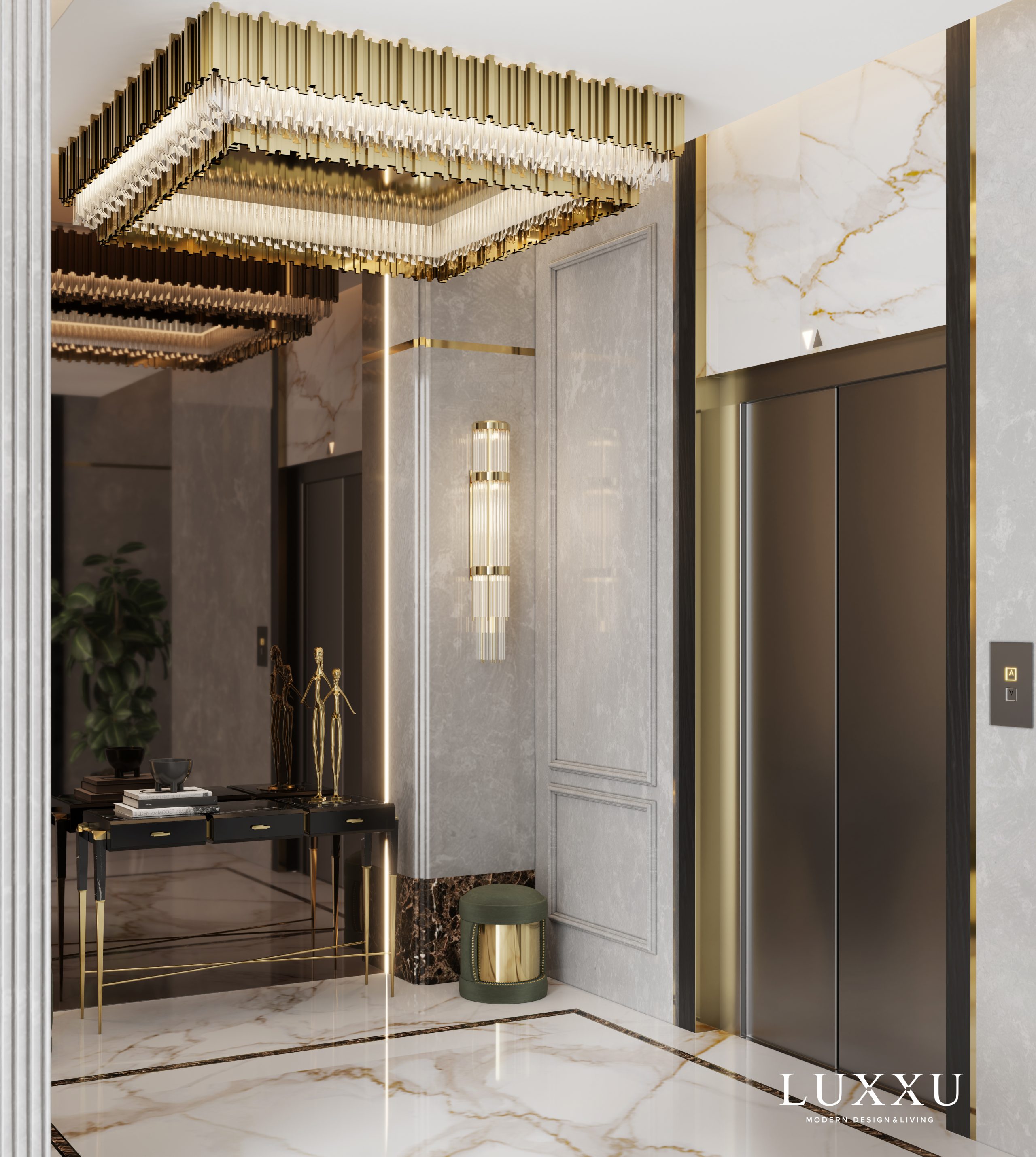 Entryway Design with luxurious plafond next to an elevator