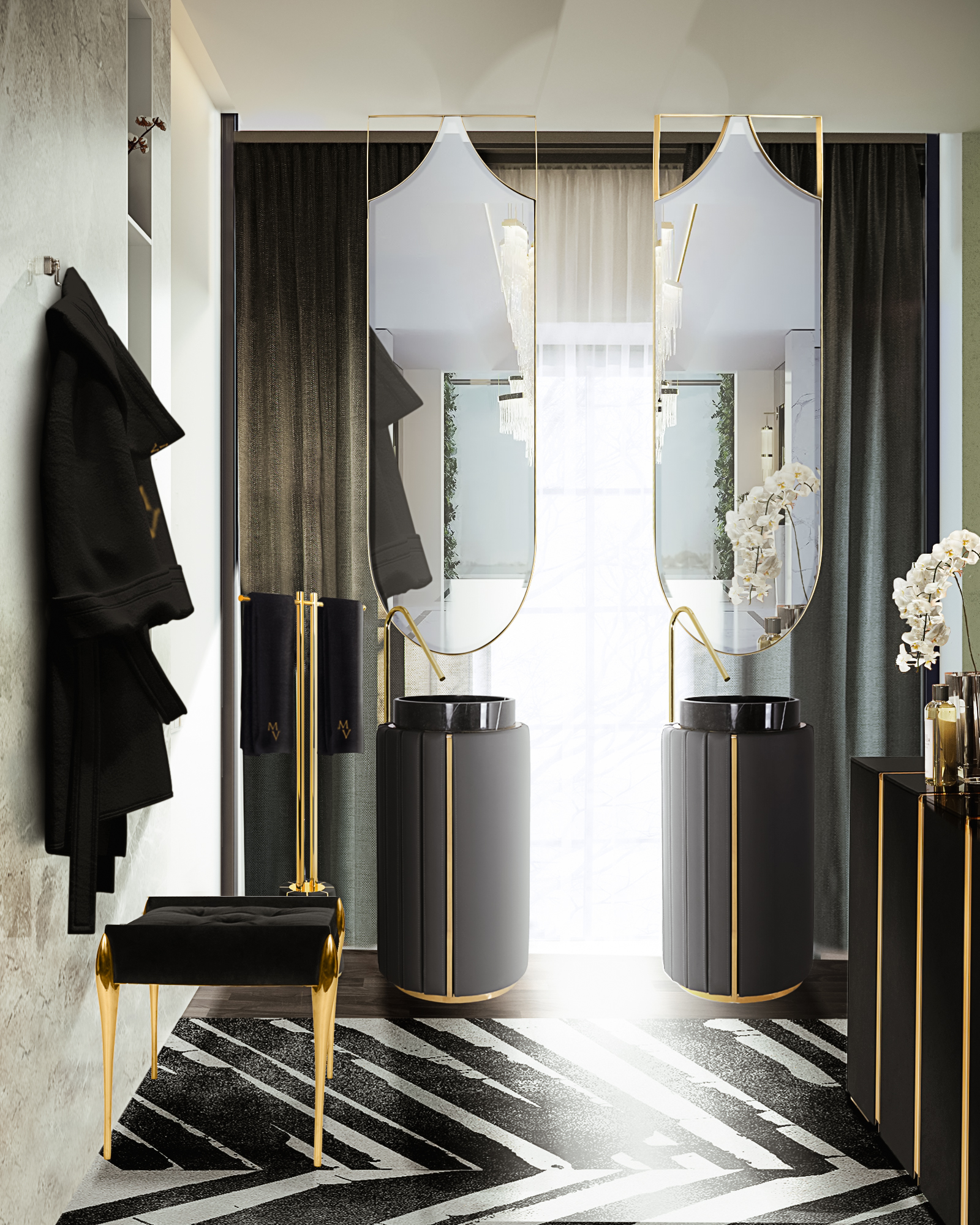 Sophisticated bathroom with one-of-a-kind mirror and freestanding that combine a fashionable design with usefulness.