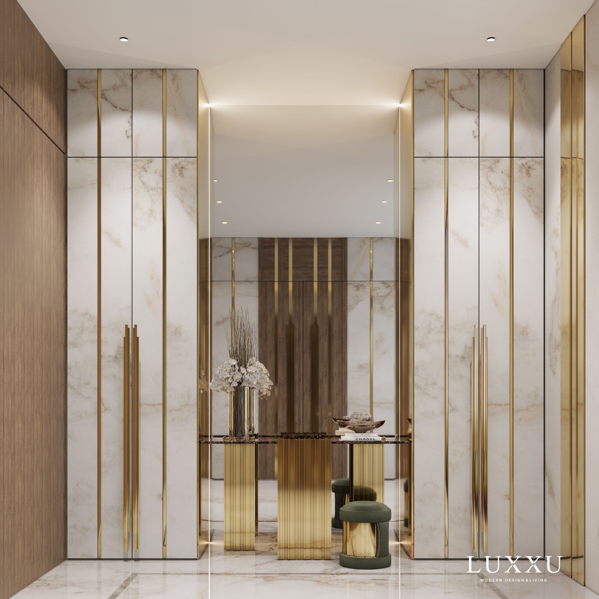 White Marble And Exquisite Golden Furniture In A Entryway