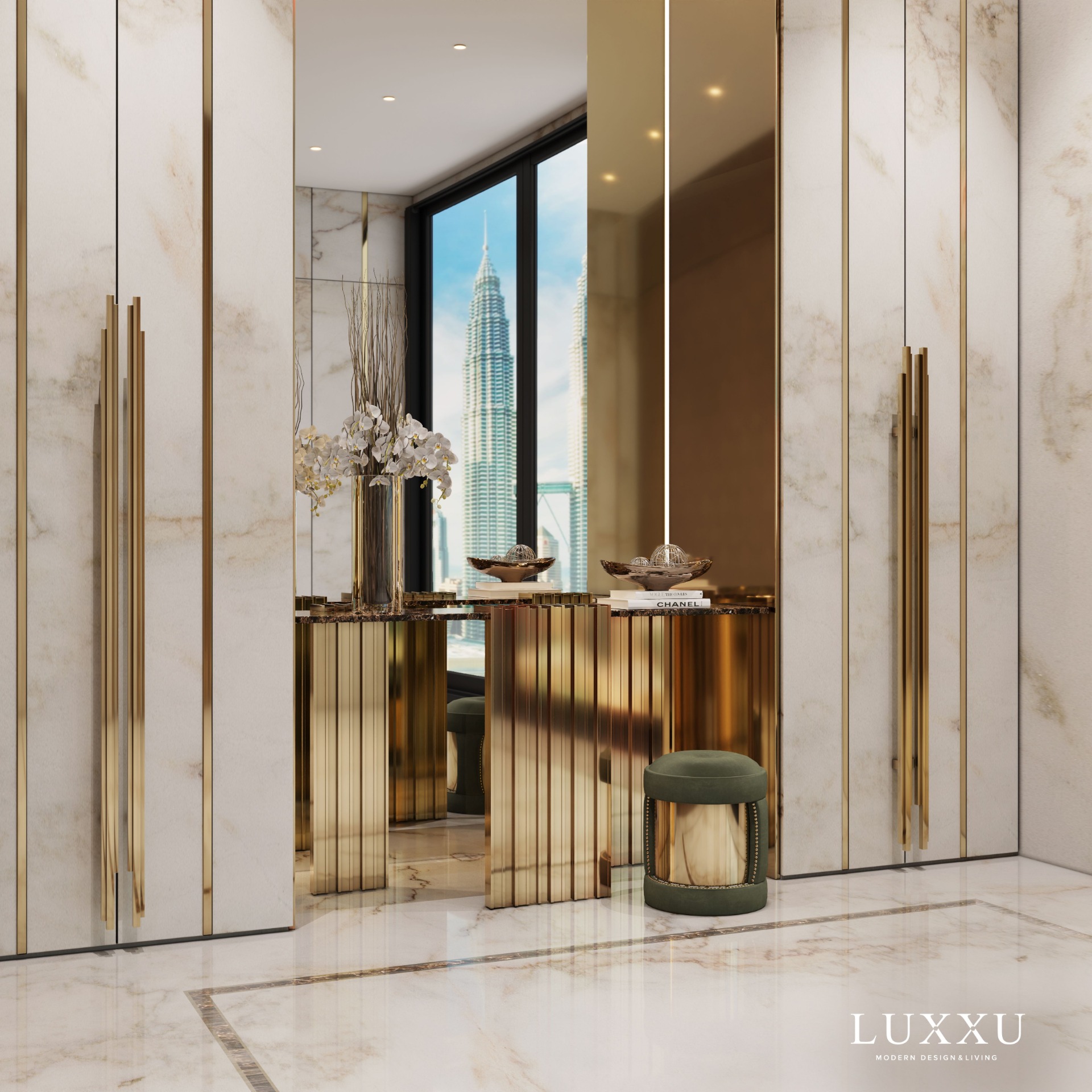 Luxurious Entryway With White Marble And Gold Lux