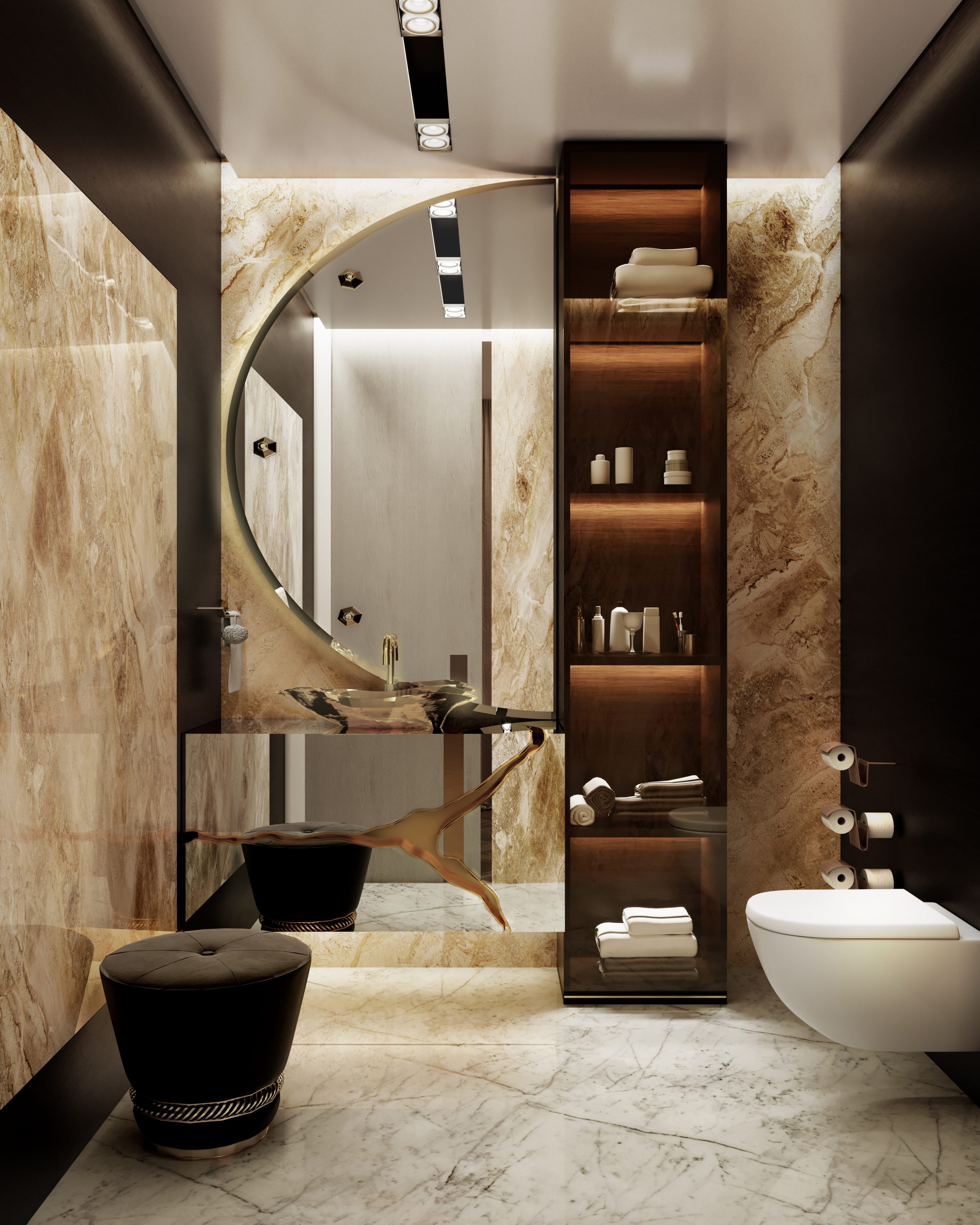 A luxurious bathroom designs in brown tones with a marble wall in the same color scheme