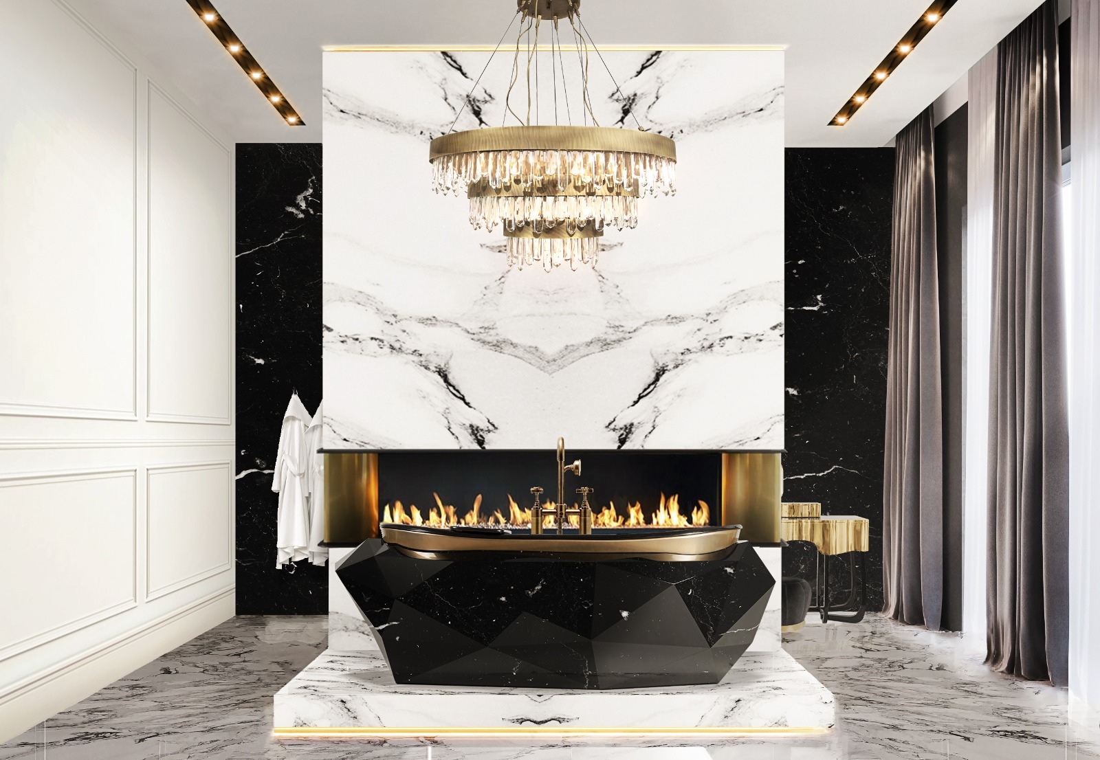 Elegant bathroom designs witha white marbled wall and golden details