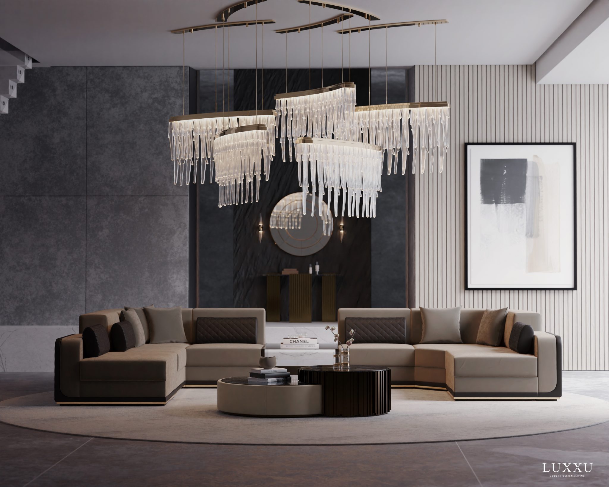 modern and sumptuous living room decor with crystal lighting