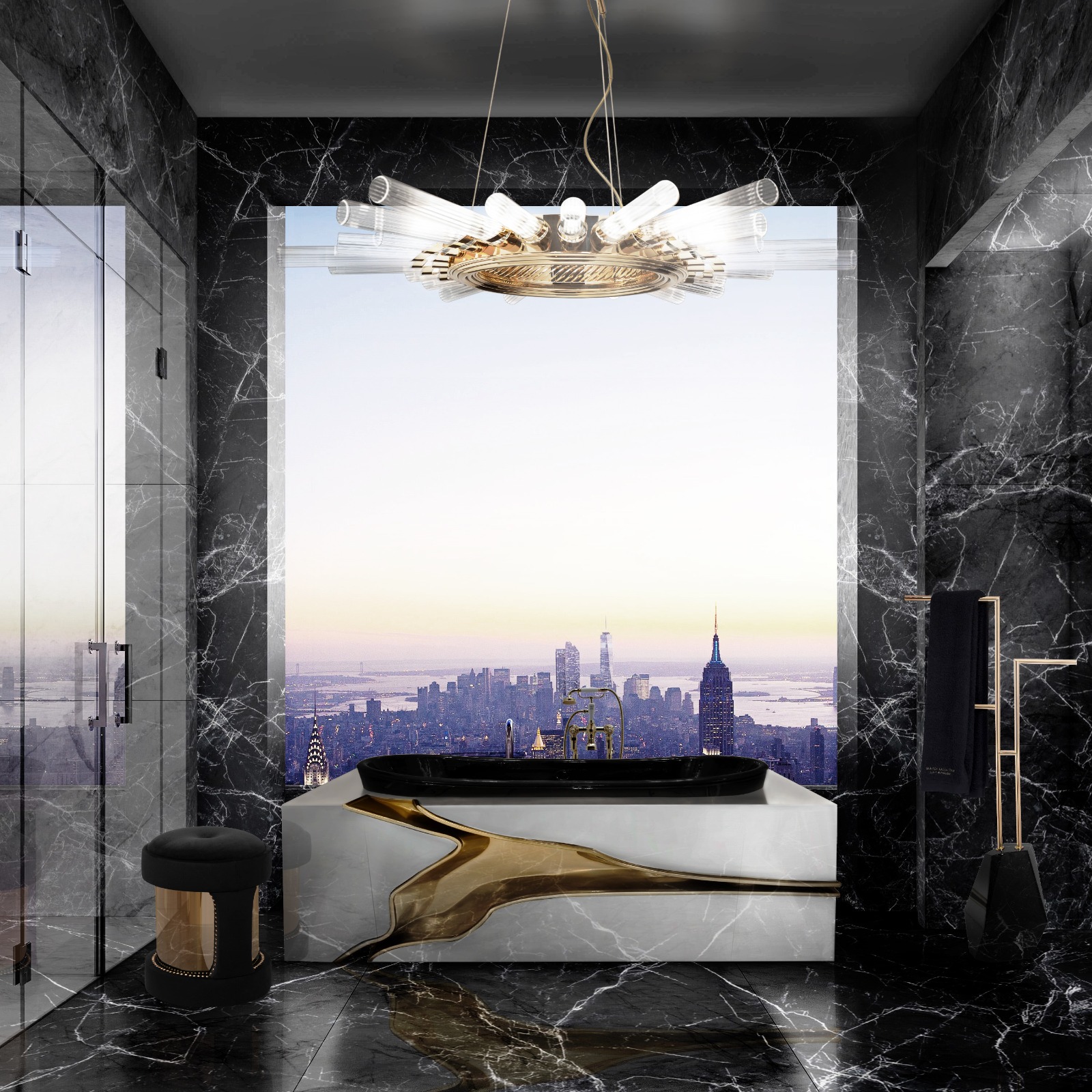 A black and gold bathroom designs with an amazing view