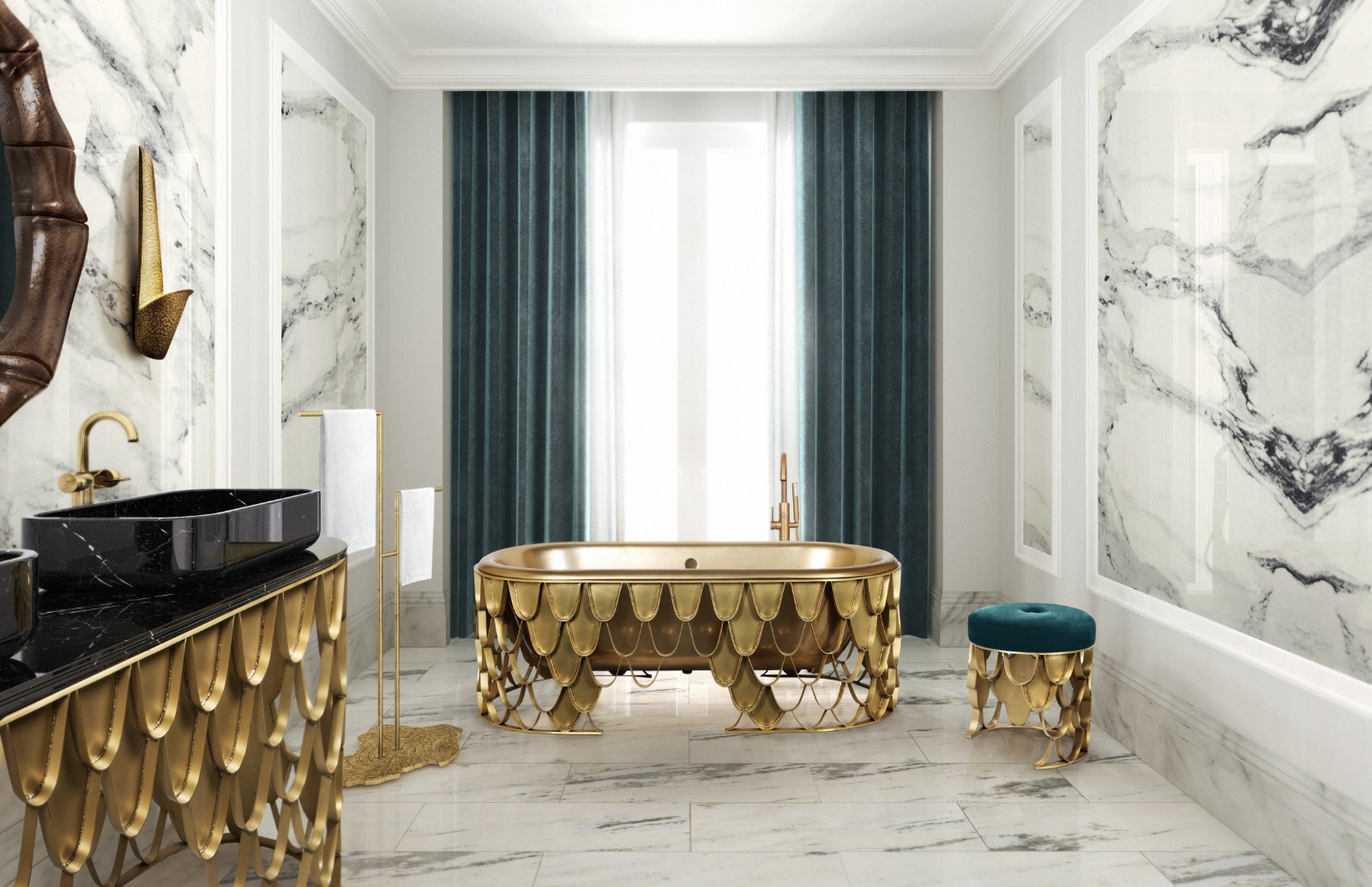 An elegant bathroom designs with green and gold details all over the room