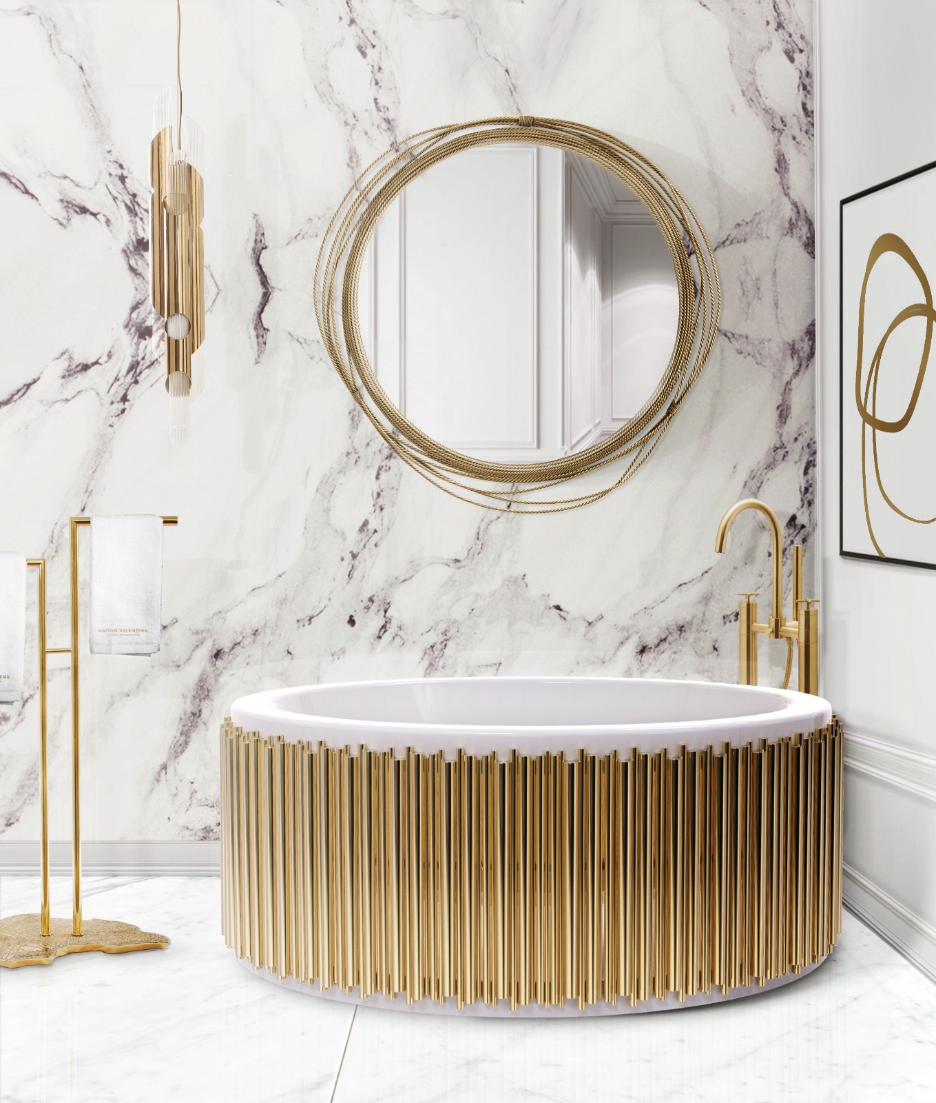 A white and gold bathroom designs with a bathtub with a detailed marble wall