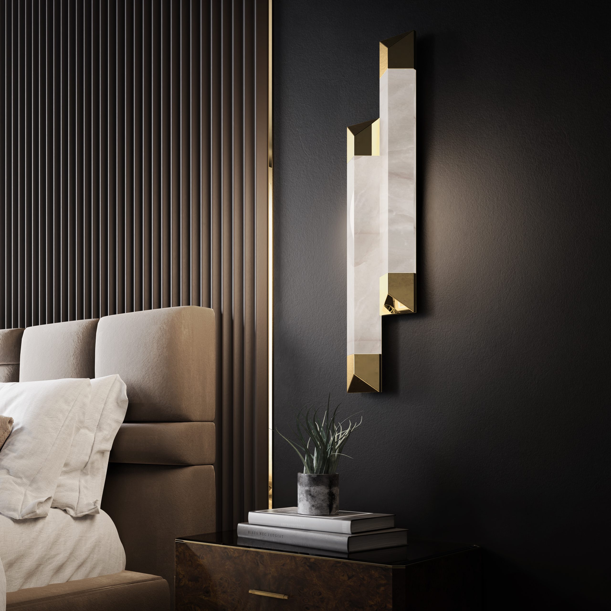 Bedroom featuring the Spear II Wall Lamp by LUXXU - Illuminate Your Holidays