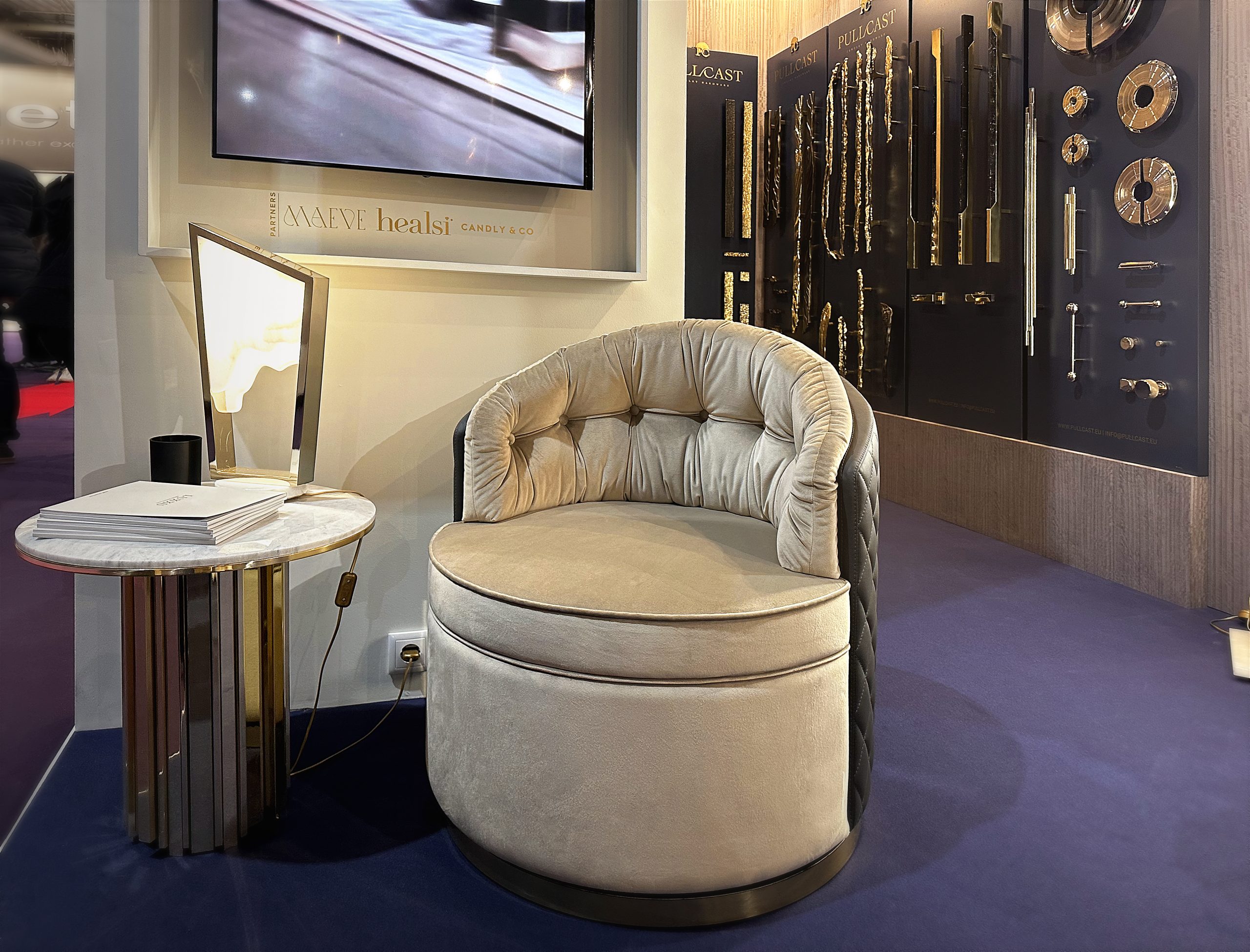 News from Maison et Objet: LUXXU Radiates Brilliance on the First Day  - From Left to Right: Empire Side Table, Magna I Table Lamp, Otto Swivel Armchair