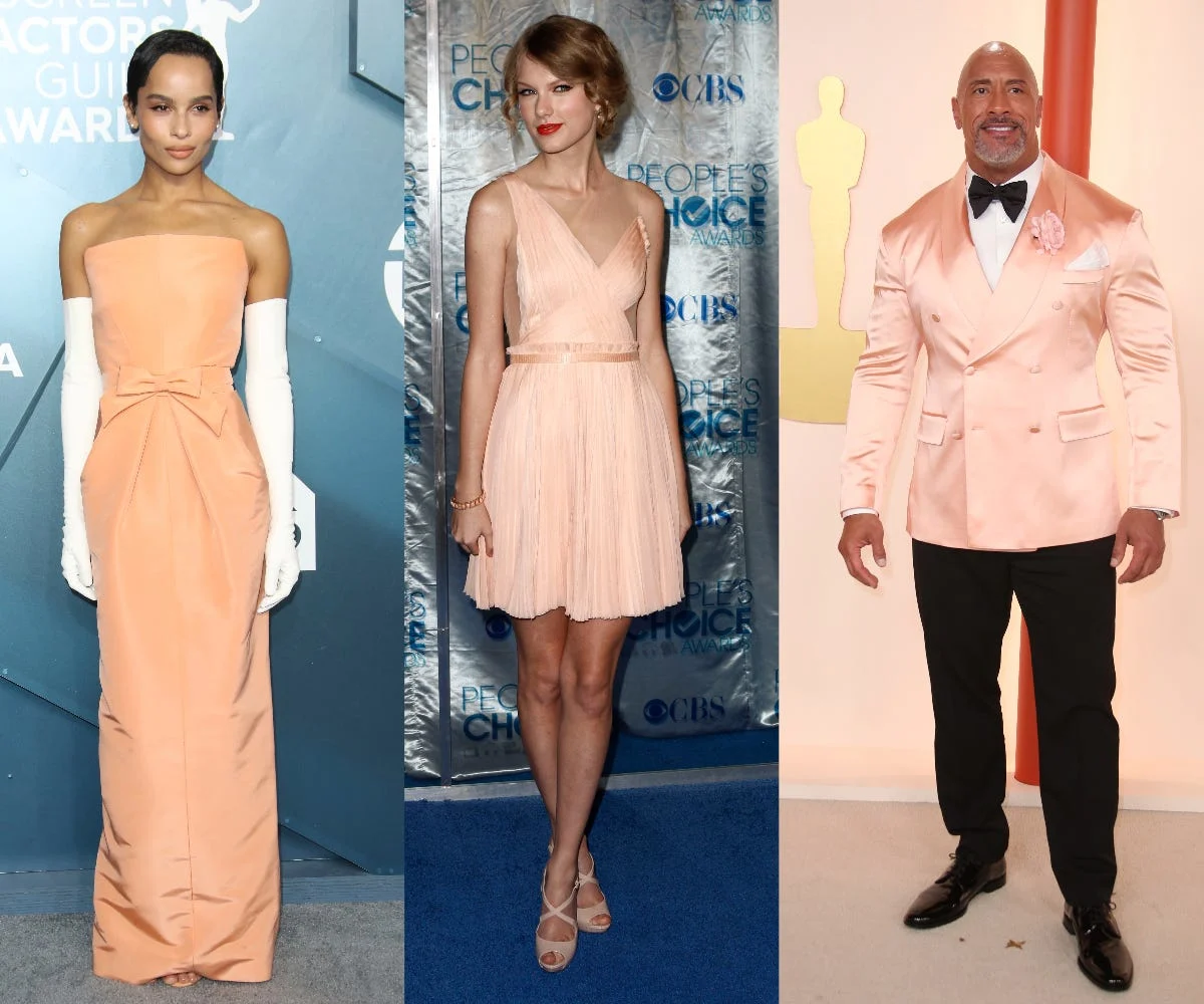 Zoe Kravitz, Taylow Swift and The Rock, wearing read carpets looks that embrace color of the year Peach Fuzz