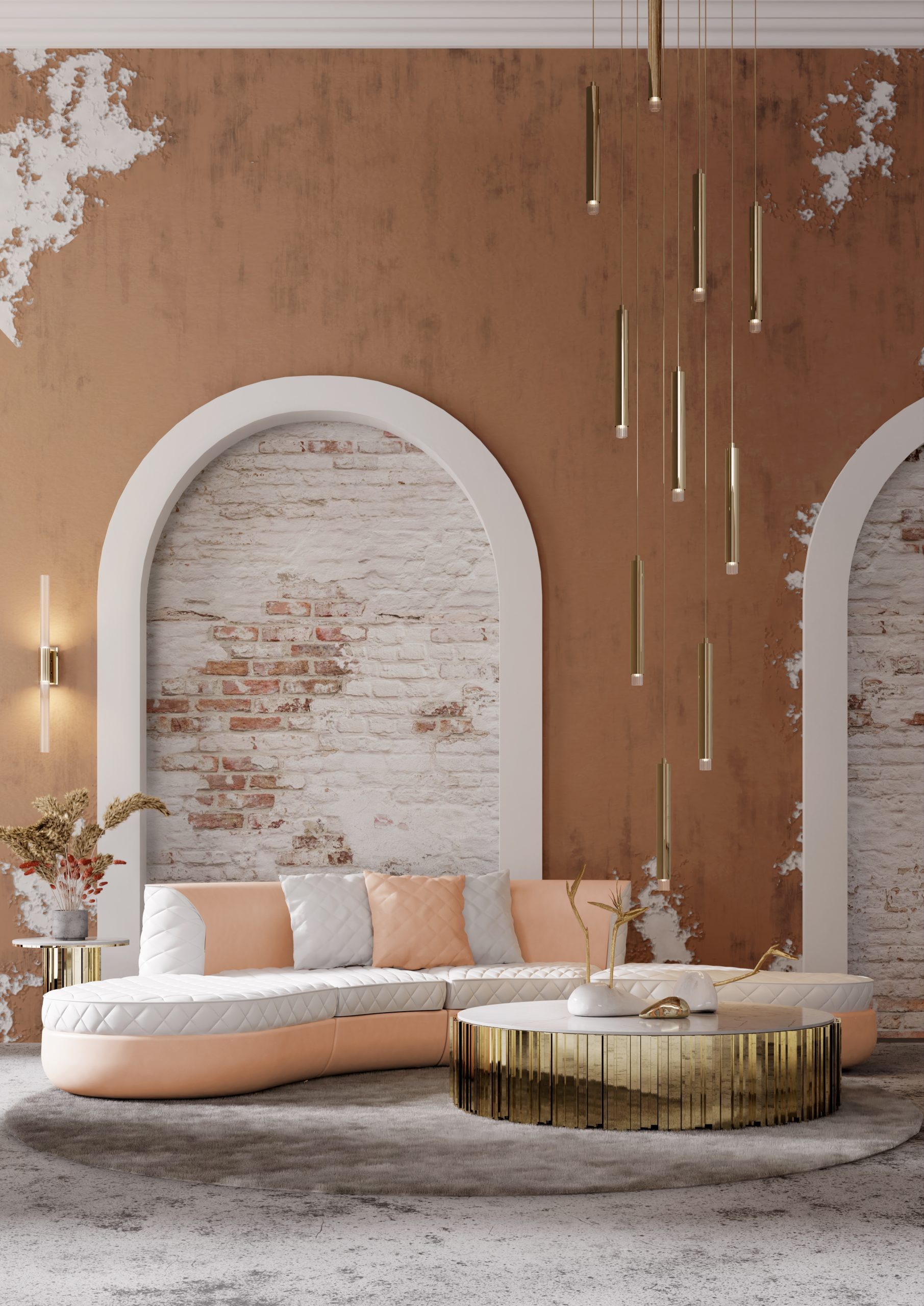 A Peach Fuzz Sofa? The Color of The Year As Seen By LUXXU. An atmosphere styled also with the Empire Center Table and a Waterfall Small Pendants assemblage